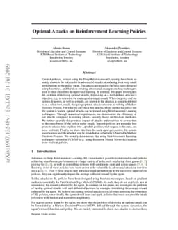Optimal Attacks on Reinforcement Learning Policies