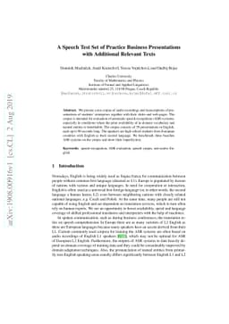 A Speech Test Set of Practice Business Presentations with Additional
  Relevant Texts