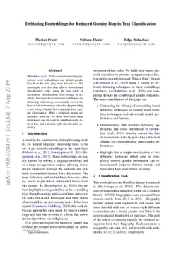 Debiasing Embeddings for Reduced Gender Bias in Text Classification