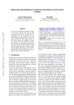 Improving Generalization in Coreference Resolution via Adversarial
  Training