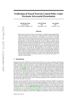 Verification of Neural Network Control Policy Under Persistent
  Adversarial Perturbation