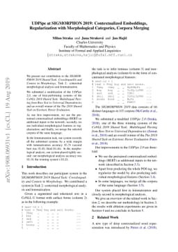 UDPipe at SIGMORPHON 2019: Contextualized Embeddings, Regularization
  with Morphological Categories, Corpora Merging