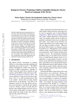 Rating for Parents: Predicting Children Suitability Rating for Movies
  Based on Language of the Movies