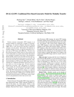 DUAL-GLOW: Conditional Flow-Based Generative Model for Modality Transfer
