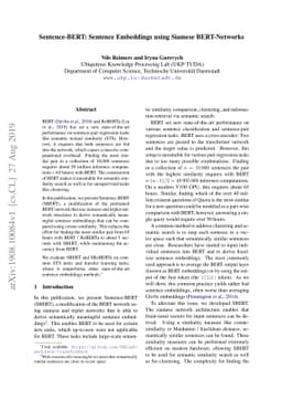 Sentence-BERT: Sentence Embeddings using Siamese BERT-Networks