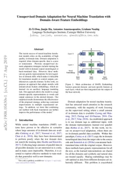 Unsupervised Domain Adaptation for Neural Machine Translation with
  Domain-Aware Feature Embeddings