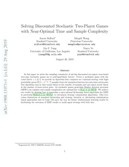 Solving Discounted Stochastic Two-Player Games with Near-Optimal Time
  and Sample Complexity