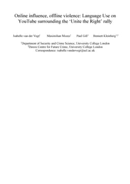 Online influence, offline violence: Language Use on YouTube surrounding
  the Únite the Right' rally