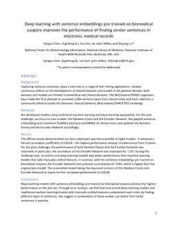 Deep learning with sentence embeddings pre-trained on biomedical corpora
  improves the performance of finding similar sentences in electronic medical
  records