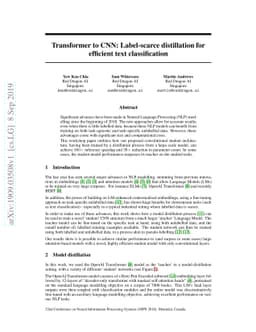 Transformer to CNN: Label-scarce distillation for efficient text
  classification