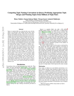 Competing Topic Naming Conventions in Quora: Predicting Appropriate
  Topic Merges and Winning Topics from Millions of Topic Pairs