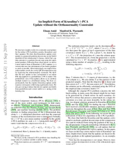 An Implicit Form of Krasulina's k-PCA Update without the Orthonormality
  Constraint