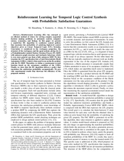 Reinforcement Learning for Temporal Logic Control Synthesis with
  Probabilistic Satisfaction Guarantees
