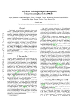 Large-Scale Multilingual Speech Recognition with a Streaming End-to-End
  Model
