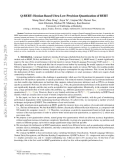 Q-BERT: Hessian Based Ultra Low Precision Quantization of BERT