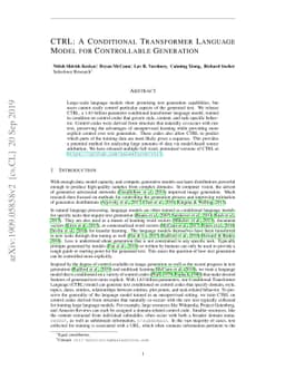 CTRL: A Conditional Transformer Language Model for Controllable
  Generation