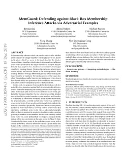 MemGuard: Defending against Black-Box Membership Inference Attacks via
  Adversarial Examples