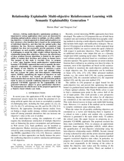 Relationship Explainable Multi-objective Reinforcement Learning with
  Semantic Explainability Generation