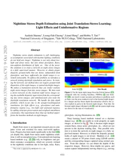 Nighttime Stereo Depth Estimation using Joint Translation-Stereo
  Learning: Light Effects and Uninformative Regions