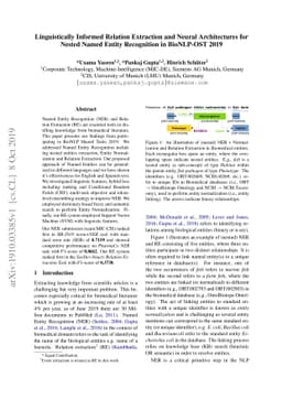 Linguistically Informed Relation Extraction and Neural Architectures for
  Nested Named Entity Recognition in BioNLP-OST 2019