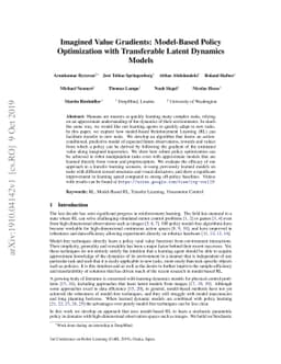 Imagined Value Gradients: Model-Based Policy Optimization with
  Transferable Latent Dynamics Models