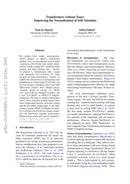 Transformers without Tears: Improving the Normalization of
  Self-Attention