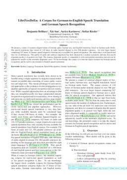 LibriVoxDeEn: A Corpus for German-to-English Speech Translation and
  German Speech Recognition