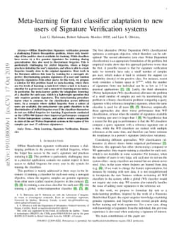 Meta-learning for fast classifier adaptation to new users of Signature
  Verification systems