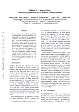 MRQA 2019 Shared Task: Evaluating Generalization in Reading
  Comprehension