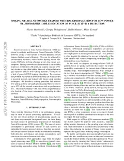 Spiking neural networks trained with backpropagation for low power
  neuromorphic implementation of voice activity detection