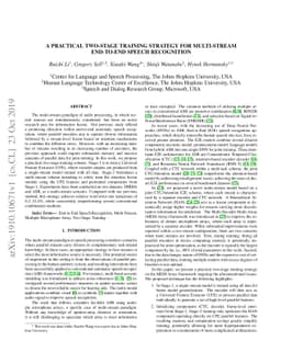 A practical two-stage training strategy for multi-stream end-to-end
  speech recognition