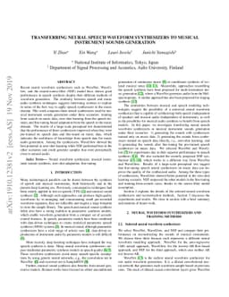 Transferring neural speech waveform synthesizers to musical instrument
  sounds generation