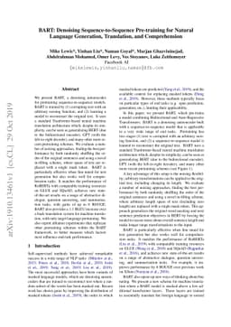 BART: Denoising Sequence-to-Sequence Pre-training for Natural Language
  Generation, Translation, and Comprehension
