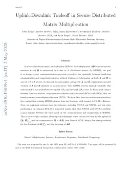 Uplink-Downlink Tradeoff in Secure Distributed Matrix Multiplication