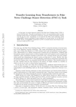 Transfer Learning from Transformers to Fake News Challenge Stance
  Detection (FNC-1) Task