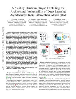 A Stealthy Hardware Trojan Exploiting the Architectural Vulnerability of
  Deep Learning Architectures: Input Interception Attack (IIA)