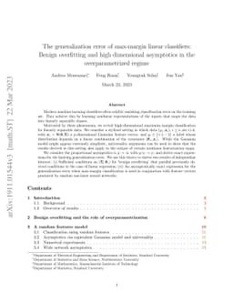 The generalization error of max-margin linear classifiers: Benign
  overfitting and high dimensional asymptotics in the overparametrized regime