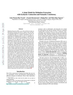 A Joint Model for Definition Extraction with Syntactic Connection and
  Semantic Consistency