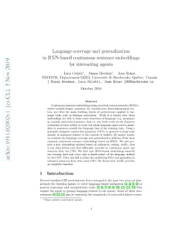 Language coverage and generalization in RNN-based continuous sentence
  embeddings for interacting agents