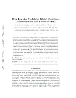 Deep Learning Models for Global Coordinate Transformations that
  Linearize PDEs