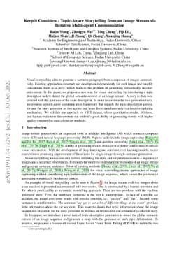 Keep it Consistent: Topic-Aware Storytelling from an Image Stream via
  Iterative Multi-agent Communication