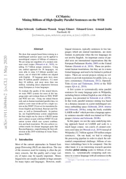 CCMatrix: Mining Billions of High-Quality Parallel Sentences on the WEB