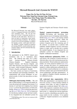 Microsoft Research Asia's Systems for WMT19