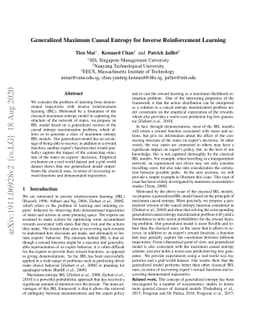 Generalized Maximum Causal Entropy for Inverse Reinforcement Learning