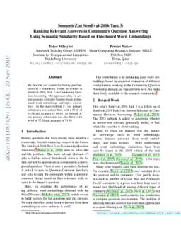 SemanticZ at SemEval-2016 Task 3: Ranking Relevant Answers in Community
  Question Answering Using Semantic Similarity Based on Fine-tuned Word
  Embeddings
