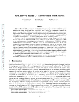 Fast Actively Secure OT Extension for Short Secrets