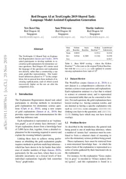 Red Dragon AI at TextGraphs 2019 Shared Task: Language Model Assisted
  Explanation Generation