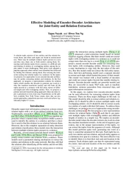 Effective Modeling of Encoder-Decoder Architecture for Joint Entity and
  Relation Extraction