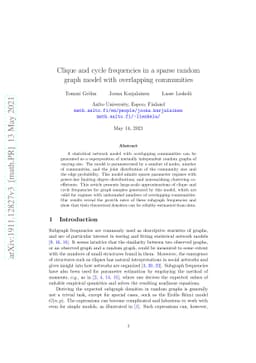 Clique and cycle frequencies in a sparse random graph model with
  overlapping communities