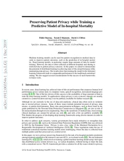 Preserving Patient Privacy while Training a Predictive Model of
  In-hospital Mortality